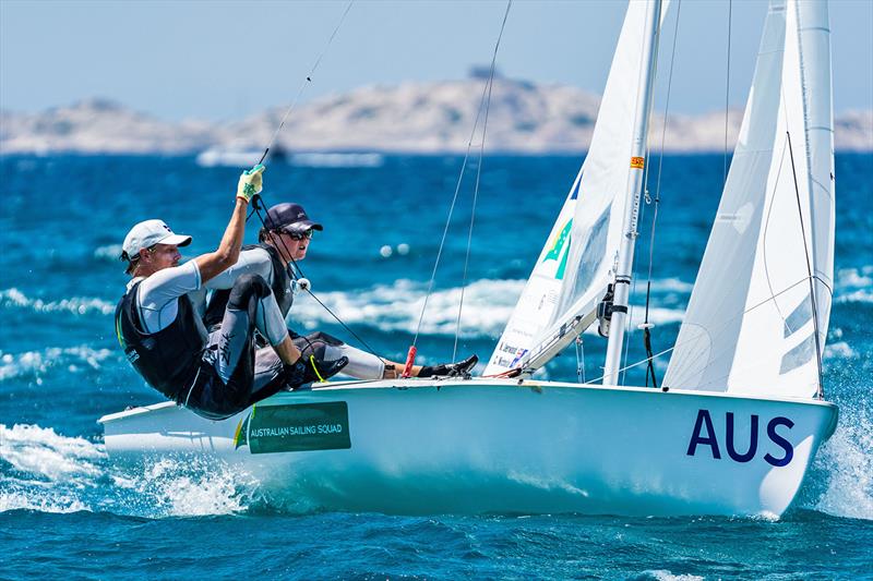 Nia Jerwood and Conor Nicholas racing the Mixed Dinghy Medal Race at the Paris 2024 Olympic Test Event in Marseille (9-16 July ) photo copyright Beau Outteridge / Australian Sailing Team taken at  and featuring the 470 class