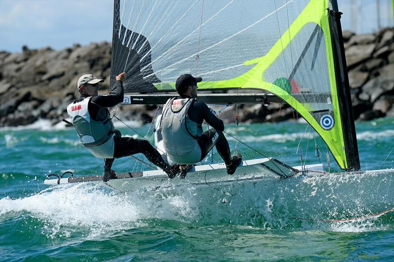 Yachting Victoria President Ian Cunningham sailing with his son David on day 1 of the ISAF Sailing World Cup Melbourne photo copyright Jeff Crow / Sport the Library taken at Sandringham Yacht Club and featuring the 49er class