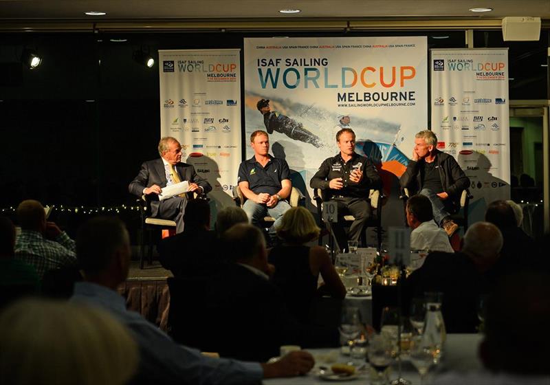 Andrew Plympton, Nathan Outteridge, Glenn Ashby and Andrew McDougall on the foiling panel at the Sailing World Cup Dinner photo copyright Jeff Crow / Sport the Library taken at Sandringham Yacht Club and featuring the 49er class