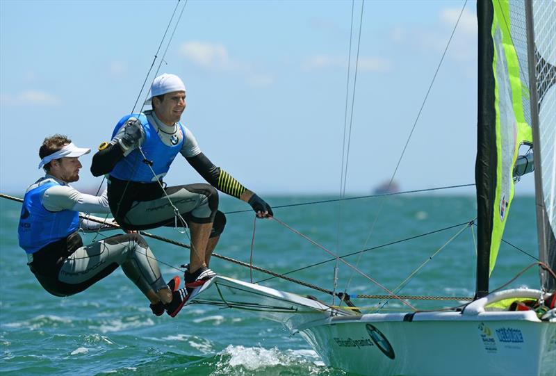 49er sailors Nico Delle-Karth and Nikolaus Resch (AUT) on day 5 of the ISAF Sailing World Cup Melbourne photo copyright Jeff Crow / Sport the Library taken at Sandringham Yacht Club and featuring the 49er class