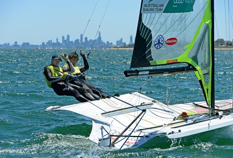 Reigning Olympic 49er champions Nathan Outteridge and Iain Jensen (AUS) on day 6 of the ISAF Sailing World Cup Melbourne photo copyright Jeff Crow / Sport the Library taken at Sandringham Yacht Club and featuring the 49er class