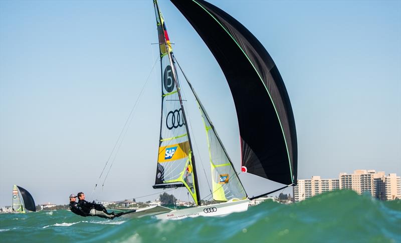 Racing on day 5 of the Nacra 17, 49er & 49erFX Worlds in Clearwater, Florida photo copyright Laurens Morel / www.saltycolours.com taken at  and featuring the 49er class