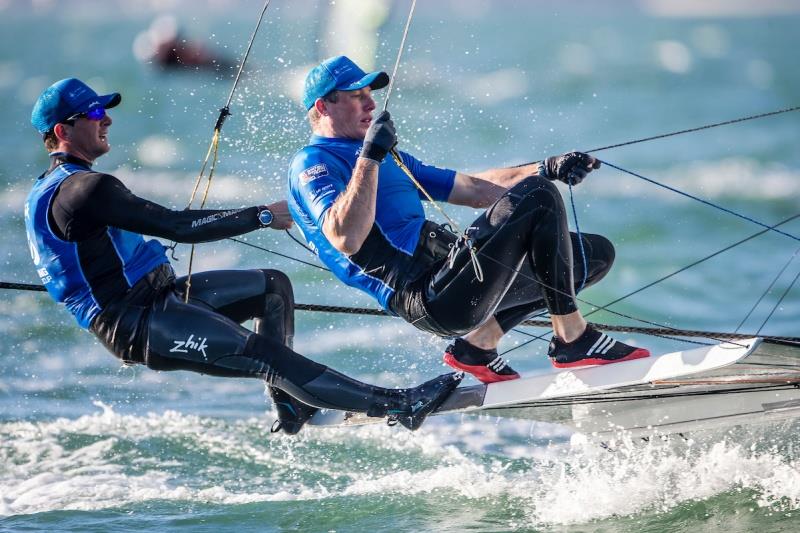 Dylan Fletcher-Scott and Stuart Bithell (GBR) on day 2 of World Cup Series Miami photo copyright Jesus Renedo / Sailing Energy / World Sailing taken at Coconut Grove Sailing Club and featuring the 49er class
