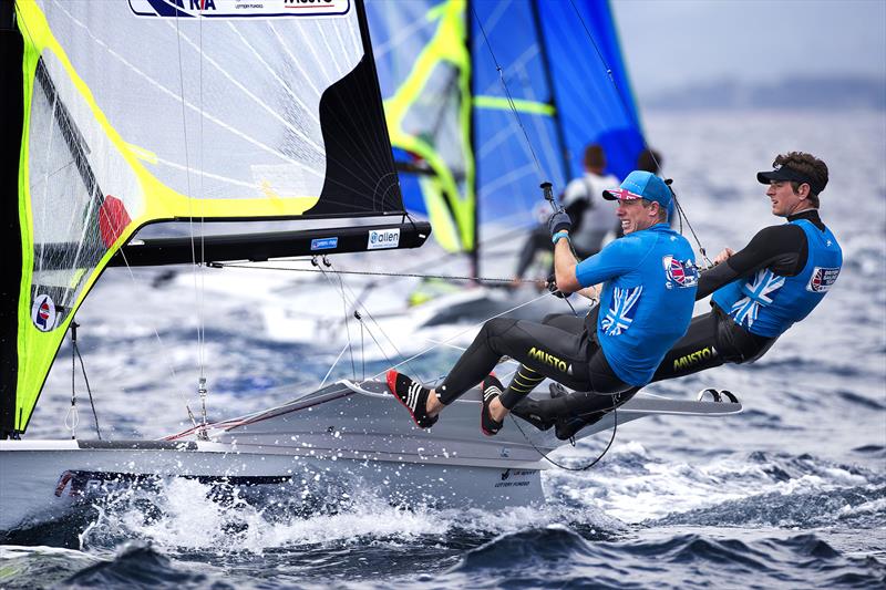 Dylan Fletcher and Stu Bithell on day 1 at World Cup Hyères photo copyright Richard Langdon / British Sailing Team taken at COYCH Hyeres and featuring the 49er class