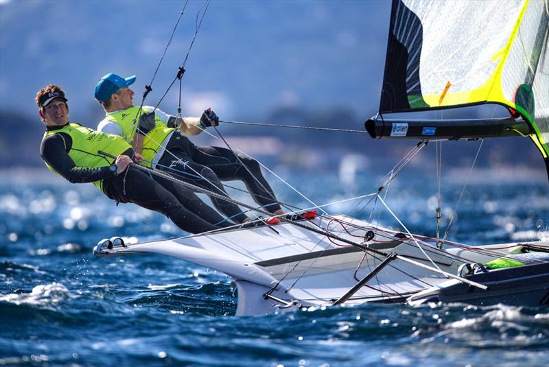 Dylan Fletcher & Stuart Bithell on World Cup Hyères day 4 photo copyright Richard Langdon / Ocean Images taken at COYCH Hyeres and featuring the 49er class