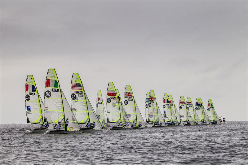 Men's 49er fleet on day 1 of 2017-18 World Cup Series in Gamagori, Japan photo copyright Jesus Renedo / Sailing Energy / World Sailing taken at  and featuring the 49er class