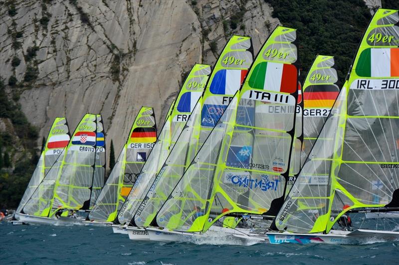 National flags on sails during the 2012 49er European Championship on Lake Garda photo copyright Roberto Vuilleumier taken at Fraglia Vela Riva and featuring the 49er class