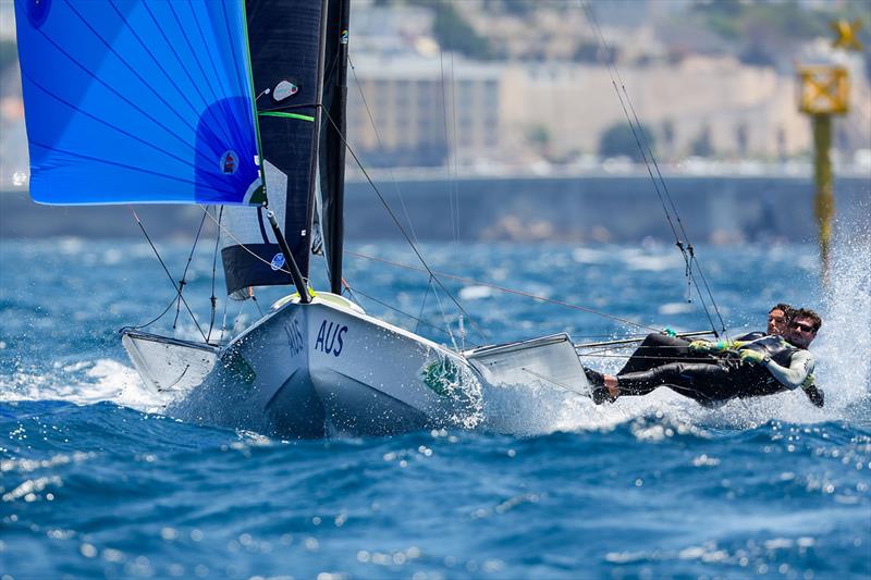 Jim Colley and Shaun Connor are into the 49er Medal Race at Marseille photo copyright Sander van der Borch / World Sailing taken at  and featuring the 49er class