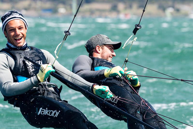 Jim Colley and Shaun Connor plying their trade. The crew were invaluable to the development of the Vaikobi Torque Quick-Release Trapeze Harness photo copyright Drew Malcolm taken at  and featuring the 49er class