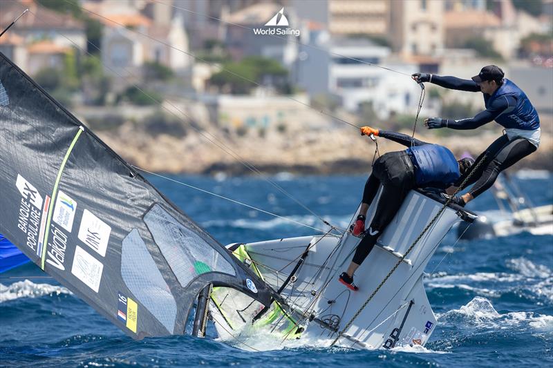 France's Erwan Fischer and Pequin Clement at the Paris 2024 Olympic Sailing Test Event, Marseille, France. Day 7 Race Day on 15th July, 2023 photo copyright Sander van der Borch / World Sailing taken at  and featuring the 49er class