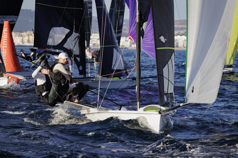Sean Waddilove and Robert Dickson (IRL) competing in the Gold fleet final round at the 49er European Championships photo copyright David Branigan / Oceansport taken at Vilamoura Sailing and featuring the 49er class