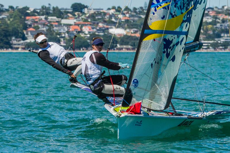 Alex Maloney and Molly Meech on day 2 of the Oceanbridge Sail Auckland Regatta photo copyright Oceanbridge Sail Auckland taken at Royal Akarana Yacht Club and featuring the 49er FX class