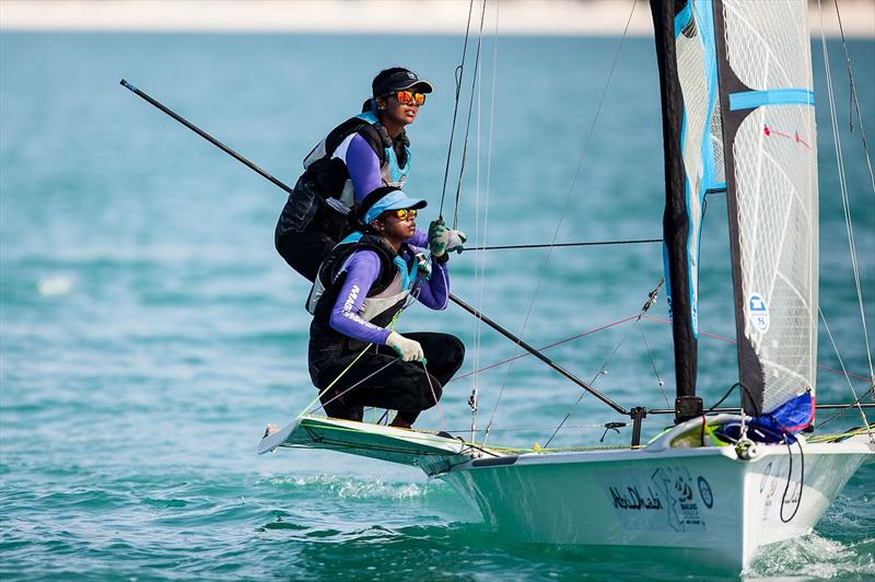 India's Varsha Gautham and Aishwarya Chezhiyan on day 2 of the ISAF Sailing World Cup Final in Abu Dhabi photo copyright Barbara Sanchez / Sailing Energy / ISAF taken at  and featuring the 49er FX class