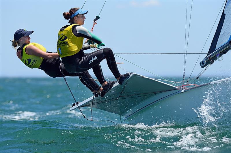 Tess Lloyd & Caitlin Elks (AUS) on day 5 of the ISAF Sailing World Cup Melbourne photo copyright Jeff Crow / Sport the Library taken at Sandringham Yacht Club and featuring the 49er FX class