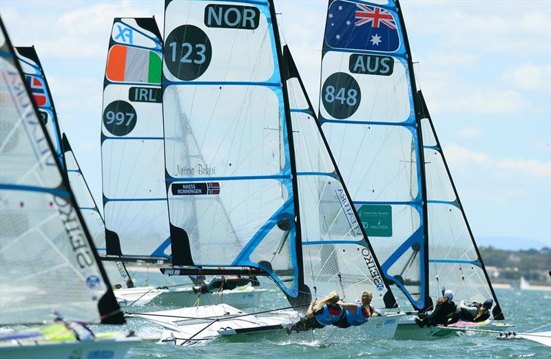 Tight racing in the 49erFX fleet on day 5 of the ISAF Sailing World Cup Melbourne photo copyright Jeff Crow / Sport the Library taken at Sandringham Yacht Club and featuring the 49er FX class