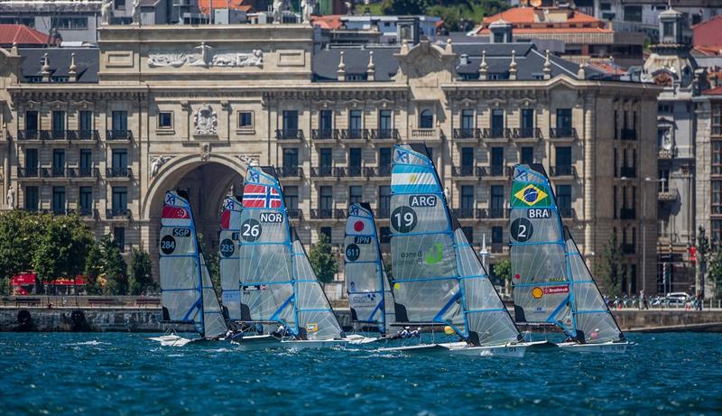49erFX racing in the heart of Santander on day 2 of the World Cup Series Final in Santander photo copyright Jesus Renedo / Sailing Energy / World Sailing taken at  and featuring the 49er FX class