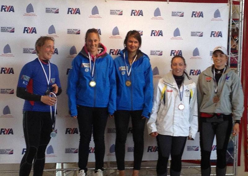 49er FX podium at Sail for Gold 2013 photo copyright Peter Conde taken at Weymouth & Portland Sailing Academy and featuring the 49er FX class