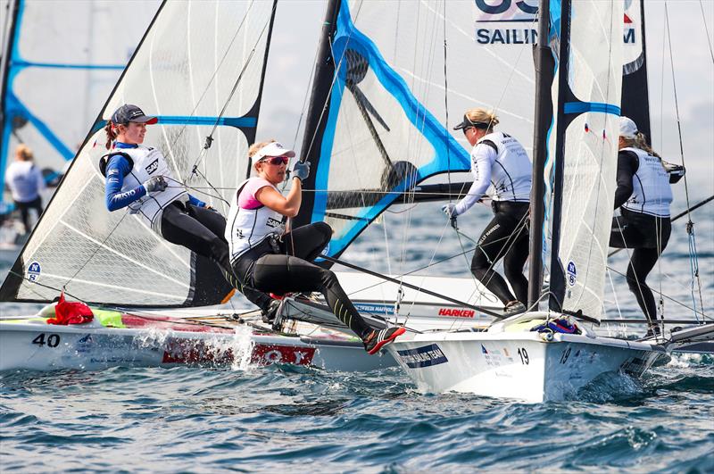 Sophie Weguelin and Sophie Ainsworth (49erFX) at 2018 World Cup Series Hyères photo copyright Richard Langdon / Sailing Energy taken at  and featuring the 49er FX class