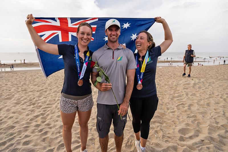 Olivia Price and Evie Haseldine with their coach, Victor Paya, after winining the bronze medal in the 49erFX. Australian Sailing Team competing the Sailing World Championships in The Hague (8-20 August ) photo copyright Beau Outteridge / Australian Sailing Team taken at  and featuring the 49er FX class