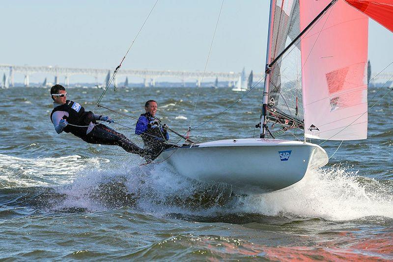 AJ Crane and Richard Mundell driving their 5o5 downwind - female helms are such a strong feature in the class photo copyright Christophe Favreau / www.christophefavreau.com taken at  and featuring the 505 class