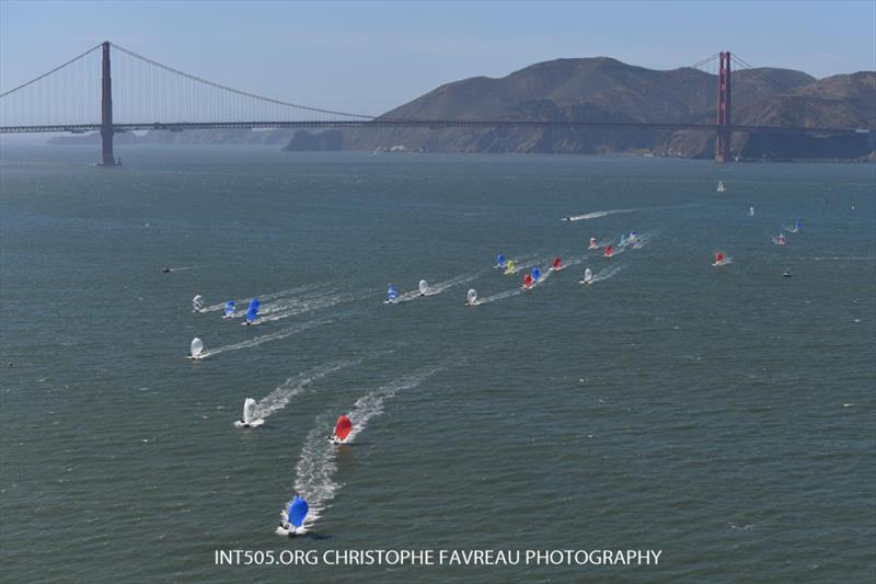 Blasting down San Francisco Bay during the 2023 5O5 World Championship photo copyright Christophe Favreau / www.christophefavreau.com taken at St. Francis Yacht Club and featuring the 505 class