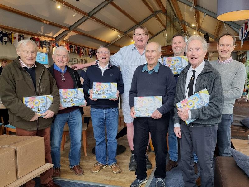 With the 505 book - (L-R) Larry Marks, Peter White, Ian Pinnell, Bill Masterman, Keith Paul, Tim Hancock, Derek Farrant, Jeremy Robinson - photo © Dougal Henshall