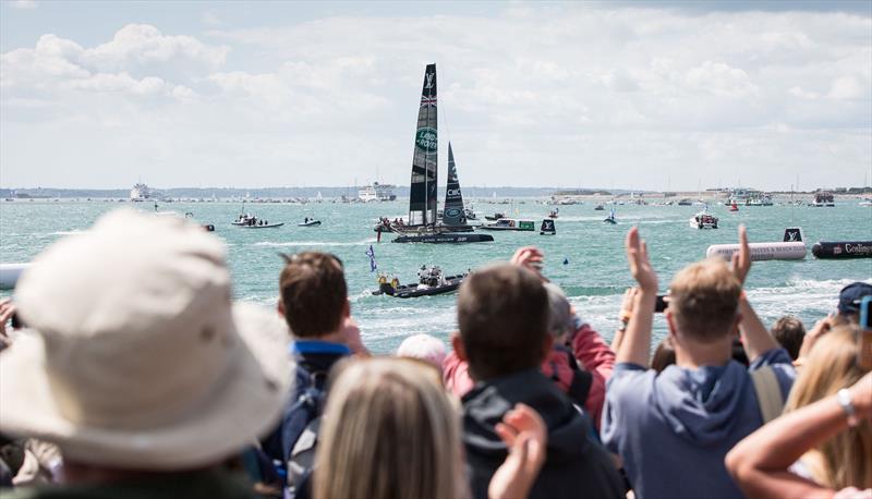 Land Rover BAR cross the finish line to win the first race of Americas Cup World Series Portsmouth photo copyright Mark Lloyd / www.lloydimages.com taken at  and featuring the AC45 class