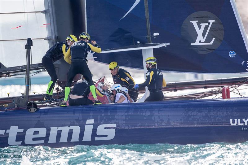 Artemis Racing collide with a jury boat during Louis Vuitton America's Cup World Series Bermuda photo copyright Sander van der Borch / Artemis Racing taken at  and featuring the AC45 class