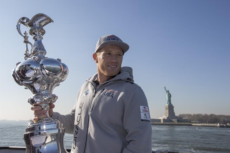 Jimmy Spithill with the America's Cup Trophy in New York City photo copyright Rob Tringali taken at  and featuring the AC45 class
