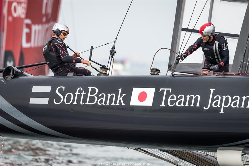 Dean Barker helming SoftBank Team Japan on Louis Vuitton America's Cup World Series Fukuoka day 1 photo copyright Ricardo Pinto / ACEA 2016 taken at  and featuring the AC45 class