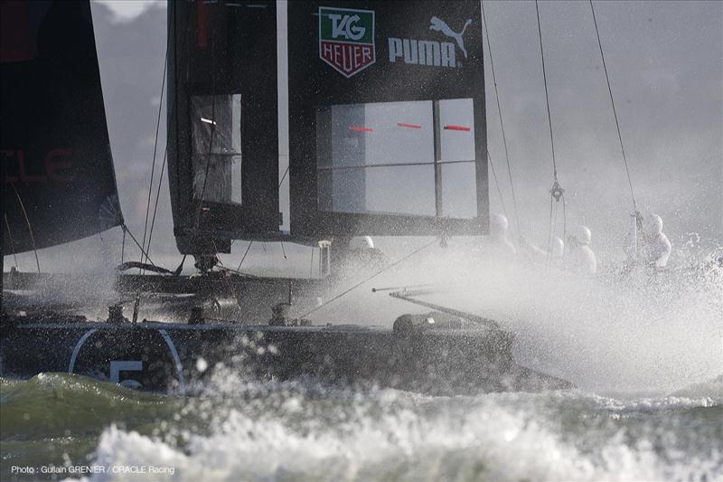 ORACLE Racing smokes San Francisco bay photo copyright Guilain Grenier / ORACLE Racing taken at  and featuring the AC45 class