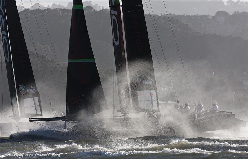ORACLE Racing smokes San Francisco bay photo copyright Guilain Grenier / ORACLE Racing taken at  and featuring the AC45 class