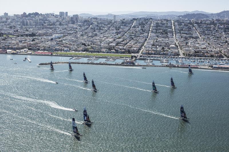 AC45 sailboats compete in the fifth race on day 3 of the Red Bull Youth America's Cup photo copyright Balazs Gardi / Red Bull Sailing Newsroom taken at  and featuring the AC45 class