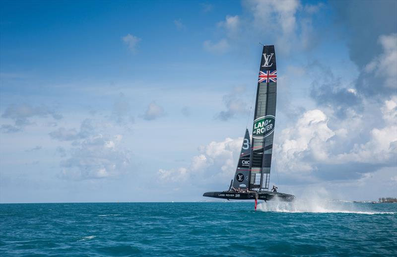 Land Rover BAR's America's Cup Race Boat - R1 flat out on the Great Sound photo copyright Alex Palmer taken at  and featuring the AC50 class
