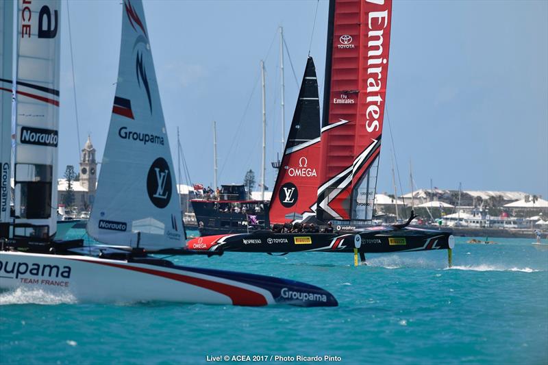 Emirates Team New Zealand beat Groupama Team France on the opening day of the 35th America's Cup photo copyright ACEA 2017 / Ricardo Pinto taken at  and featuring the AC50 class