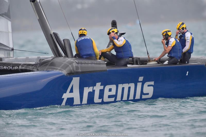 Artemis Racing a man down on day one of the Louis Vuitton America's Cup Challenger Playoffs photo copyright ACEA 2017 / Ricardo Pinto taken at  and featuring the AC50 class