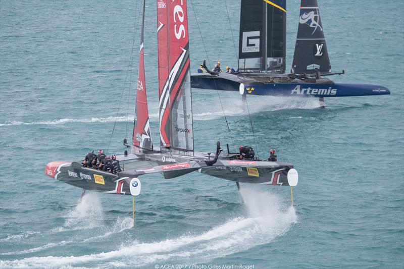 Emirates Team New Zealand vs. Artemis Racing on day one of the Louis Vuitton America's Cup Challenger Playoffs photo copyright ACEA 2017 / Gilles Martin-Raget taken at  and featuring the AC50 class