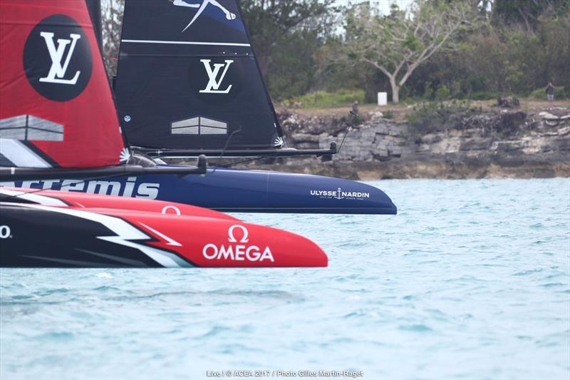 Tight racing between Emirates Team New Zealand and Artemis Racing on day two of the Louis Vuitton America's Cup Challenger Playoffs photo copyright ACEA 2017 / Gilles Martin-Raget taken at  and featuring the AC50 class