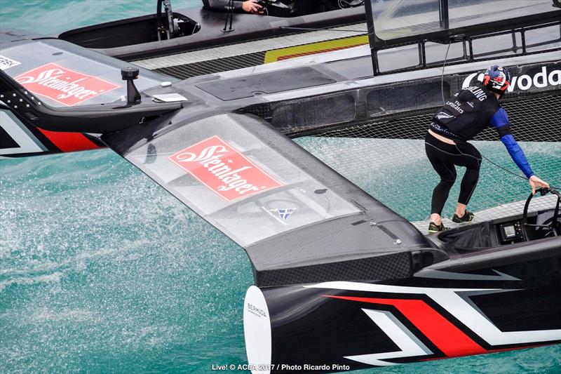 Peter Burling goes through a tack on Emirates Team New Zealand on day two of the Louis Vuitton America's Cup Challenger Playoffs photo copyright ACEA 2017 / Ricardo Pinto taken at  and featuring the AC50 class