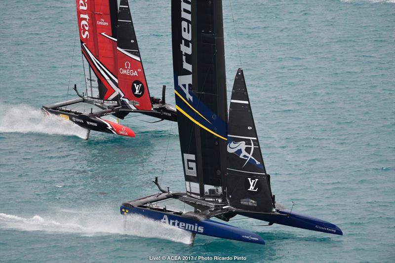 Tight racing between Emirates Team New Zealand and Artemis Racing on day two of the Louis Vuitton America's Cup Challenger Playoffs photo copyright ACEA 2017 / Ricardo Pinto taken at  and featuring the AC50 class