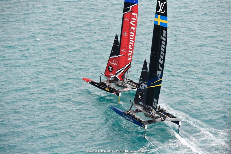 Tight racing between Emirates Team New Zealand and Artemis Racing on day two of the Louis Vuitton America's Cup Challenger Playoffs photo copyright ACEA 2017 / Ricardo Pinto taken at  and featuring the AC50 class
