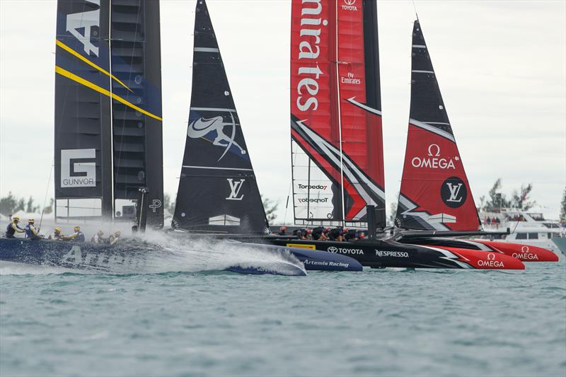 Tight racing between Emirates Team New Zealand and Artemis Racing on day two of the Louis Vuitton America's Cup Challenger Playoffs photo copyright Richard Hodder / ETNZ taken at  and featuring the AC50 class