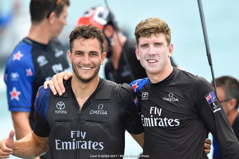 Blair Tuke and Peter Burling of Emirates Team New Zealand celebrate winning the 35th America's Cup Match photo copyright ACEA 2017 / Ricardo Pinto taken at  and featuring the AC50 class