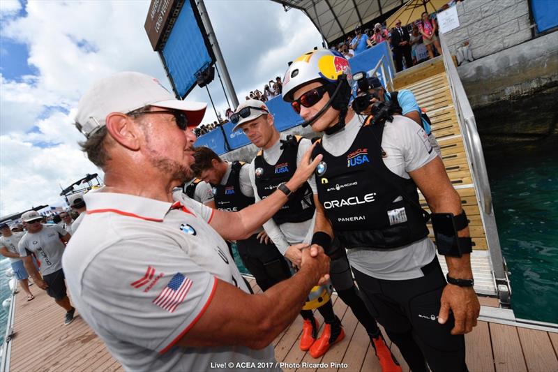Larry Ellison and Jimmy Spithill after the 35th America's Cup Match photo copyright ACEA 2017 / Ricardo Pinto taken at  and featuring the AC50 class