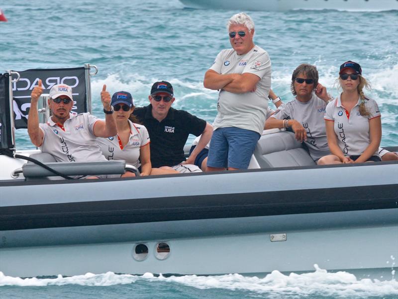 Oracle Team USA's Larry Ellison gives the thumbs up to an Oarcel shirt wearing media photographer - 2017 America's Cup Bermuda- 2017 America's Cup Bermuda photo copyright Scott Stallard taken at  and featuring the AC50 class