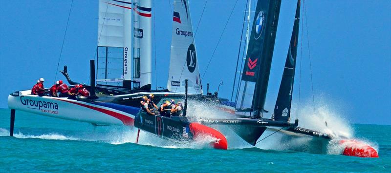 Groupama Team France and Oracle Team USA in the Round Robin phase of the Qualifiers- 2017 America's Cup Bermuda photo copyright Scott Stallard taken at  and featuring the AC50 class