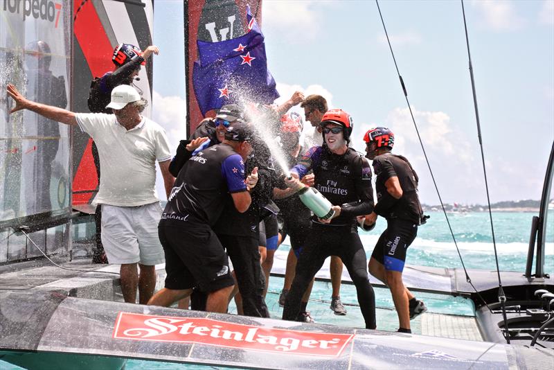Peter Burling sprays champagne - Emirates Team NZ wins the America's Cup 2017, June 26, 2017  photo copyright Richard Gladwell taken at Royal New Zealand Yacht Squadron and featuring the AC50 class