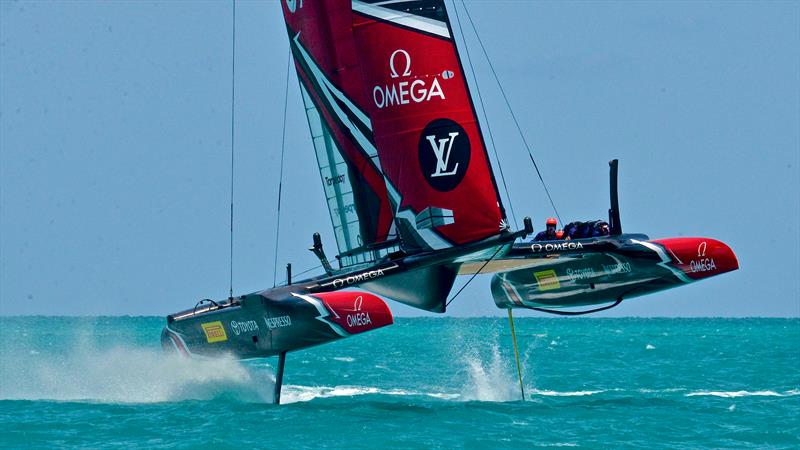 Emirates Team New Zealand in full flight before the start of racing on June 5, 2017 Bermuda photo copyright Scott Stallard taken at Royal New Zealand Yacht Squadron and featuring the AC50 class