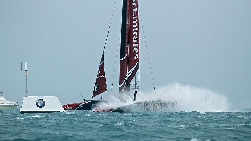Emirates Team New Zealand leads Land Rover BAR at Mark 4 - Race 3 - Semi-Finals, America's Cup Playoffs- Day 11, June 6, 2017 (ADT) photo copyright Richard Gladwell taken at  and featuring the AC50 class