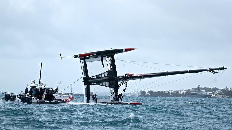 Emirates Team New Zealand - recovery - power goes on from the chase boat and the AC50 starts to come upright - Race 4 - Semi-Finals, America's Cup Playoffs- Day 11, June 6, 2017 (ADT) - photo © Richard Gladwell